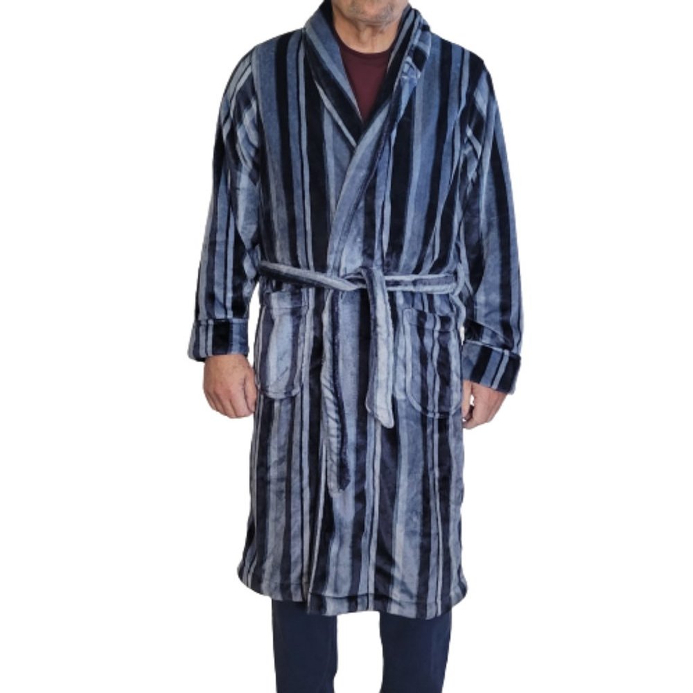 'New' Nordstrom Rack Plush Mens Robe Patterned Striped Blue/Gry Pockets Size M/L